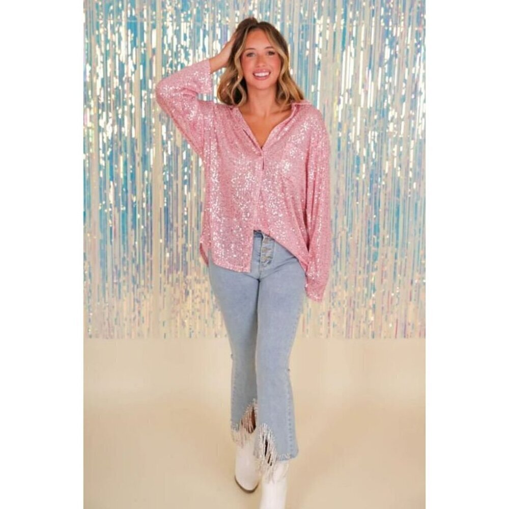 Life's a Party Sequin Button-Up Shirt in Rose Pink - Picture 9 of 12